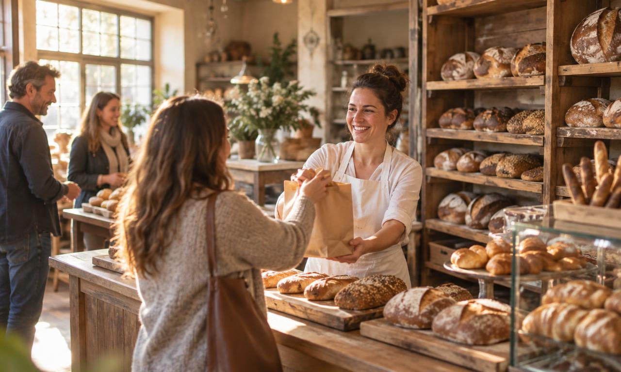 Padaria artesanal com pães frescos, equipe sorrindo e clientes no balcão