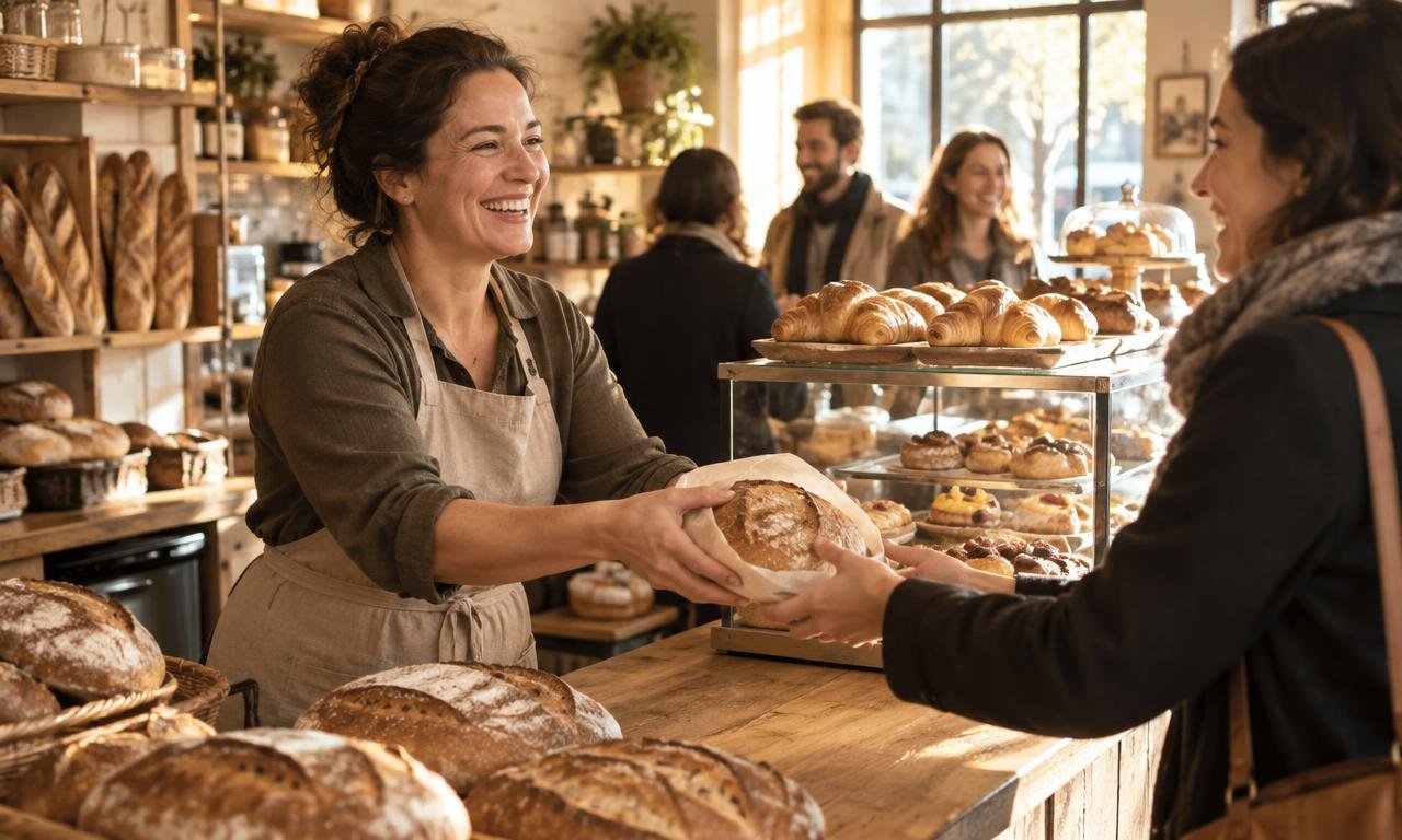 Vendedora sorrindo ao atender uma cliente no balcão da padaria